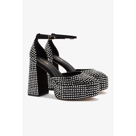 Larroude Ari Rhinestone Anklestrap Platform Pumps - 8 - Black - Picture 2 of 4